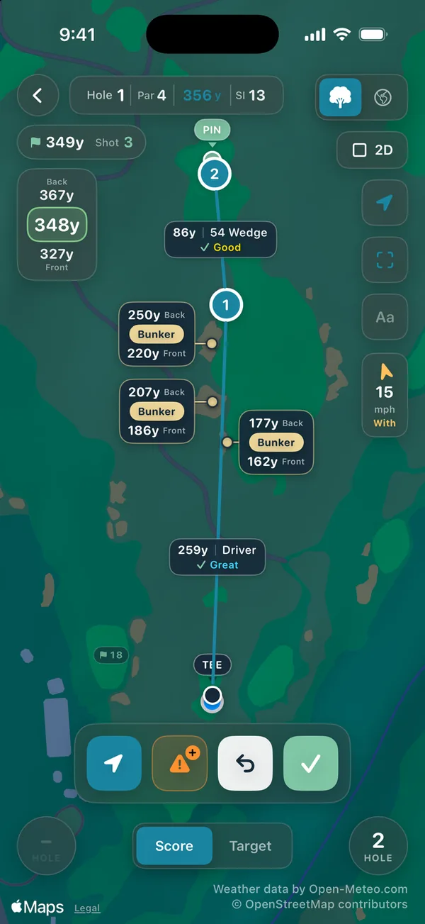 Wedge Golf GPS map of a hole with yardages to the front, middle and back of the green.